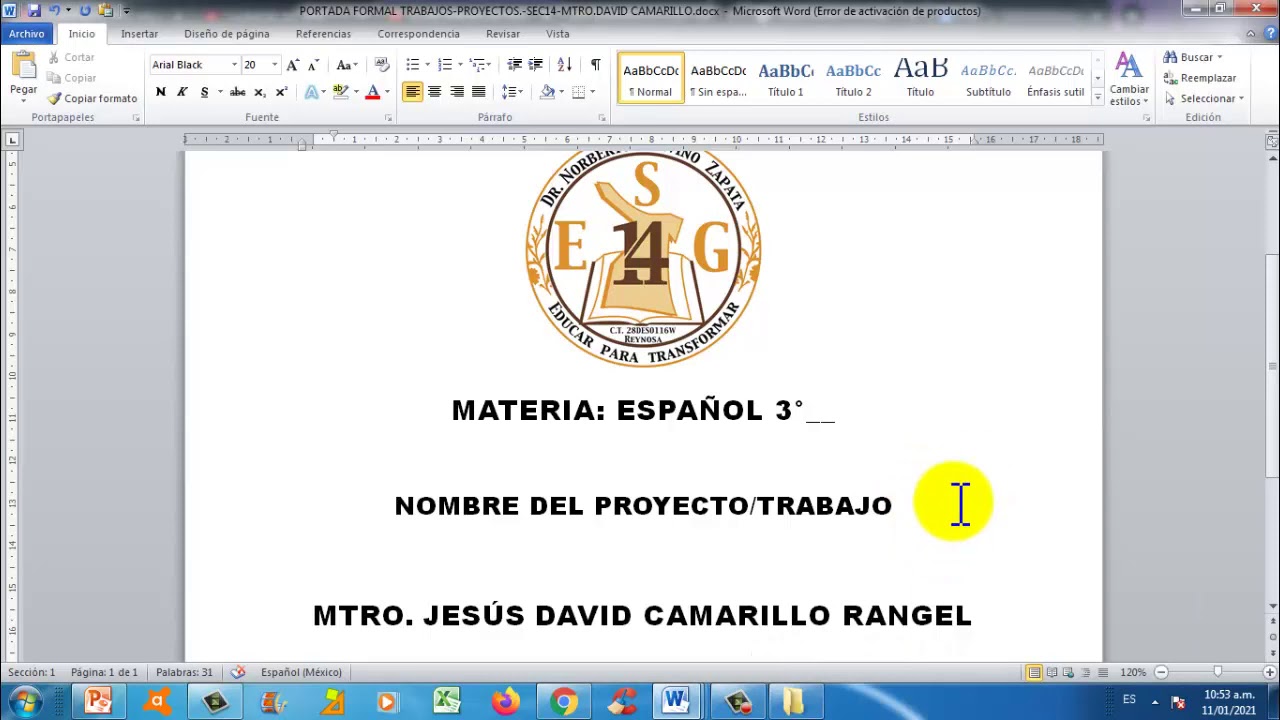Datos en la portada de un trabajo universitario