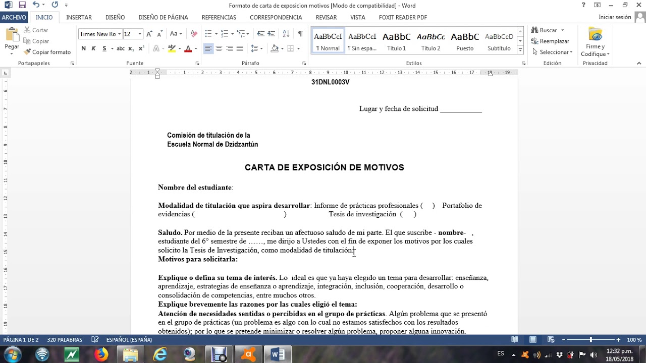 Formato para escribir una carta de exposición de motivos
