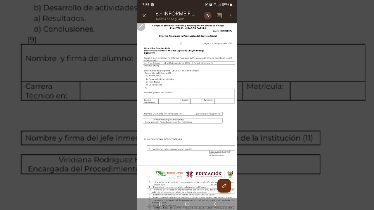 Informe global de servicio social en enfermería